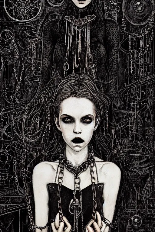 Image similar to dreamy gothic girl, black leather slim clothes, chains, factory tools, dark details, detailed acrylic, grunge, intricate complexity, by dan mumford and by alberto giacometti, peter lindbergh