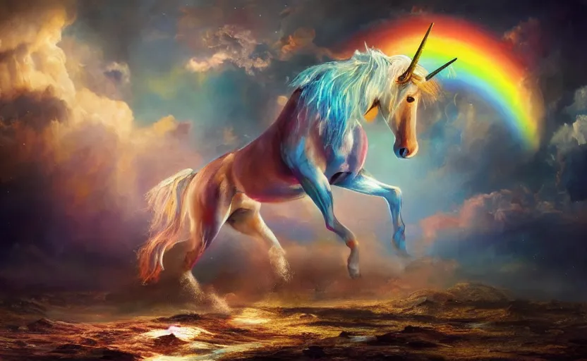 Prompt: an oil painting of a unicorn walking on an rainbow in space, masterpiece, highly detailed, high quality, 4K, anatomically correct, hyperrealistic, concept art, octane render, unreal engine 5, trending on Artstation, trending on DeviantArt, matte, historical painting, fantasy style, path traced, high coherence, soft lighting