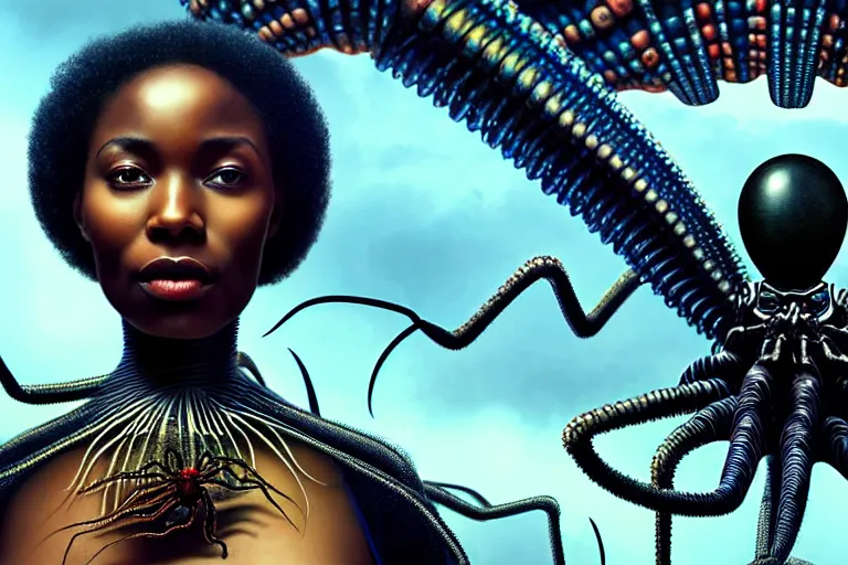 Image similar to realistic detailed closeup portrait movie shot of a beautiful black woman riding a giant spider, dystopian city landscape background by denis villeneuve, amano, yves tanguy, alphonse mucha, max ernst, kehinde wiley, ernst haeckel, caravaggio, roger dean, cyber necklace, rich moody colours, sci fi patterns, wide angle