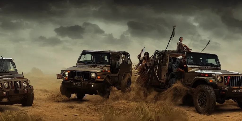 Image similar to Mahindra thar, tribe members attacking, action scene, an epic fantasy, dramatic lighting, cinematic, establishing shot, extremely high detail, photorealistic, cinematic lighting, artstation, by christopher nolan, horizon forbidden west