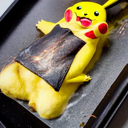 Image similar to roasted spatch pikachu in a baking tray with rosemary and thyme, cooking oil, steam, charred, ready to eat, electric sparks