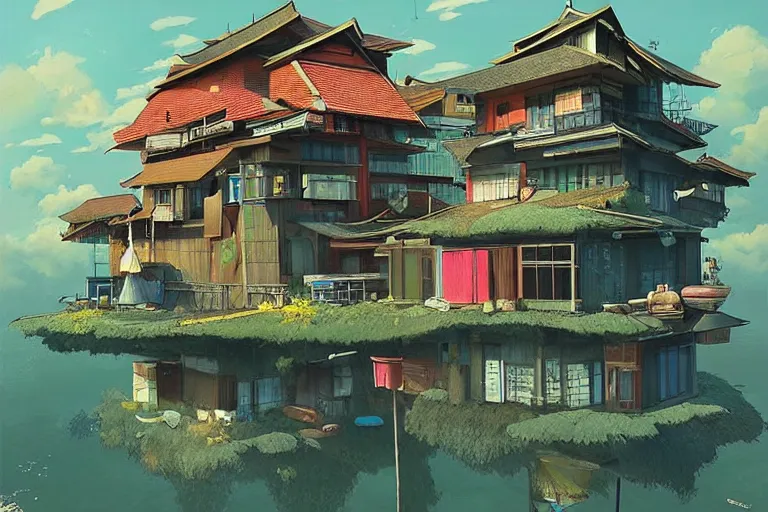 Prompt: surreal kyoto suburb, floating house in the sky, summer morning, very coherent and colorful high contrast, art by!!!! gediminas pranckevicius!!!!, geof darrow, dark shadows, hard lighting