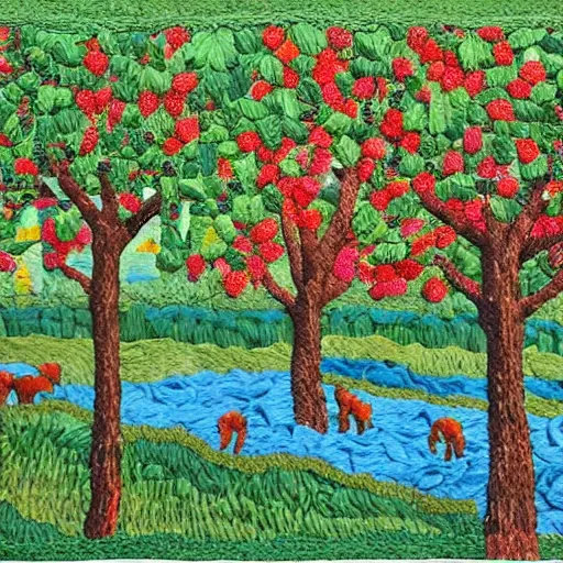 Prompt: A beautiful street art depicting a farm scene. The street art shows a view of an orchard with trees in bloom. appliqué needlework, Hadean by Charles Camoin, by Ed Binkley bleak, earthy