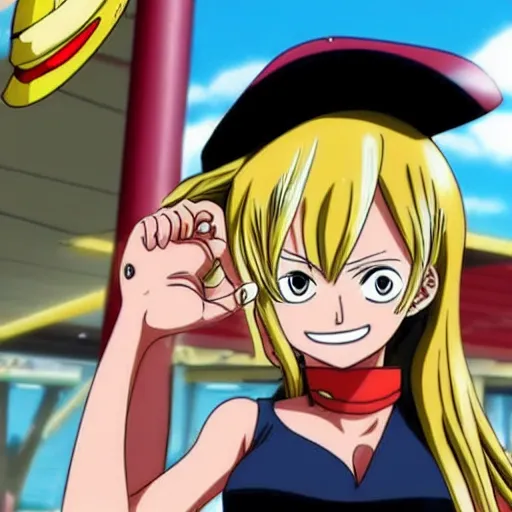 Image similar to Nami from One Piece working at McDonalds, epic detail, anime style, sharp focus, serious,