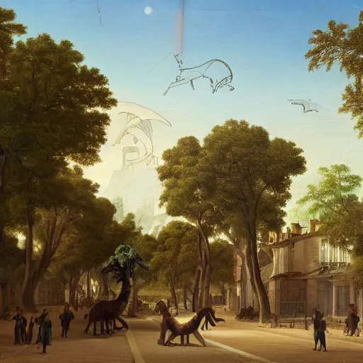 Image similar to 1750 street of Paris with Diplodocus and T-Rex, in the style of the Hudson River School