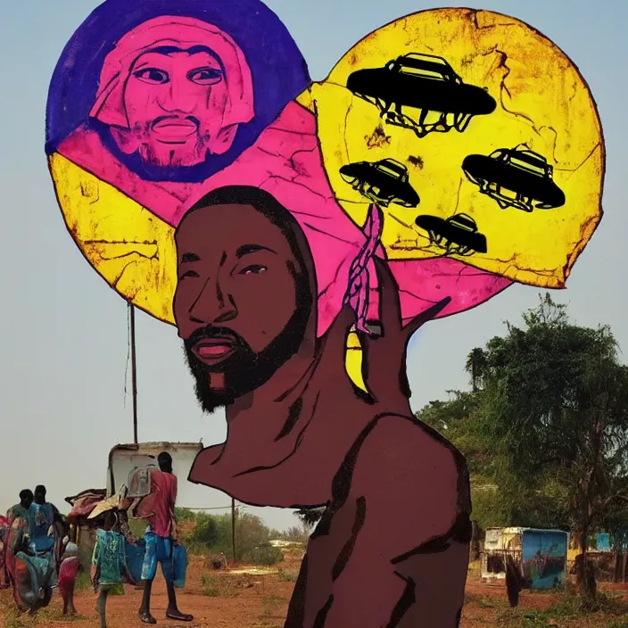 Image similar to UFO and an African Jesus in the sky , colourful, in the style of Nigerian truck art,