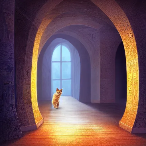 Image similar to a cat that is walking down a hallway, egyptian art by hanns katz, pixabay contest winner, magical realism, anamorphic lens flare, storybook illustration, matte painting