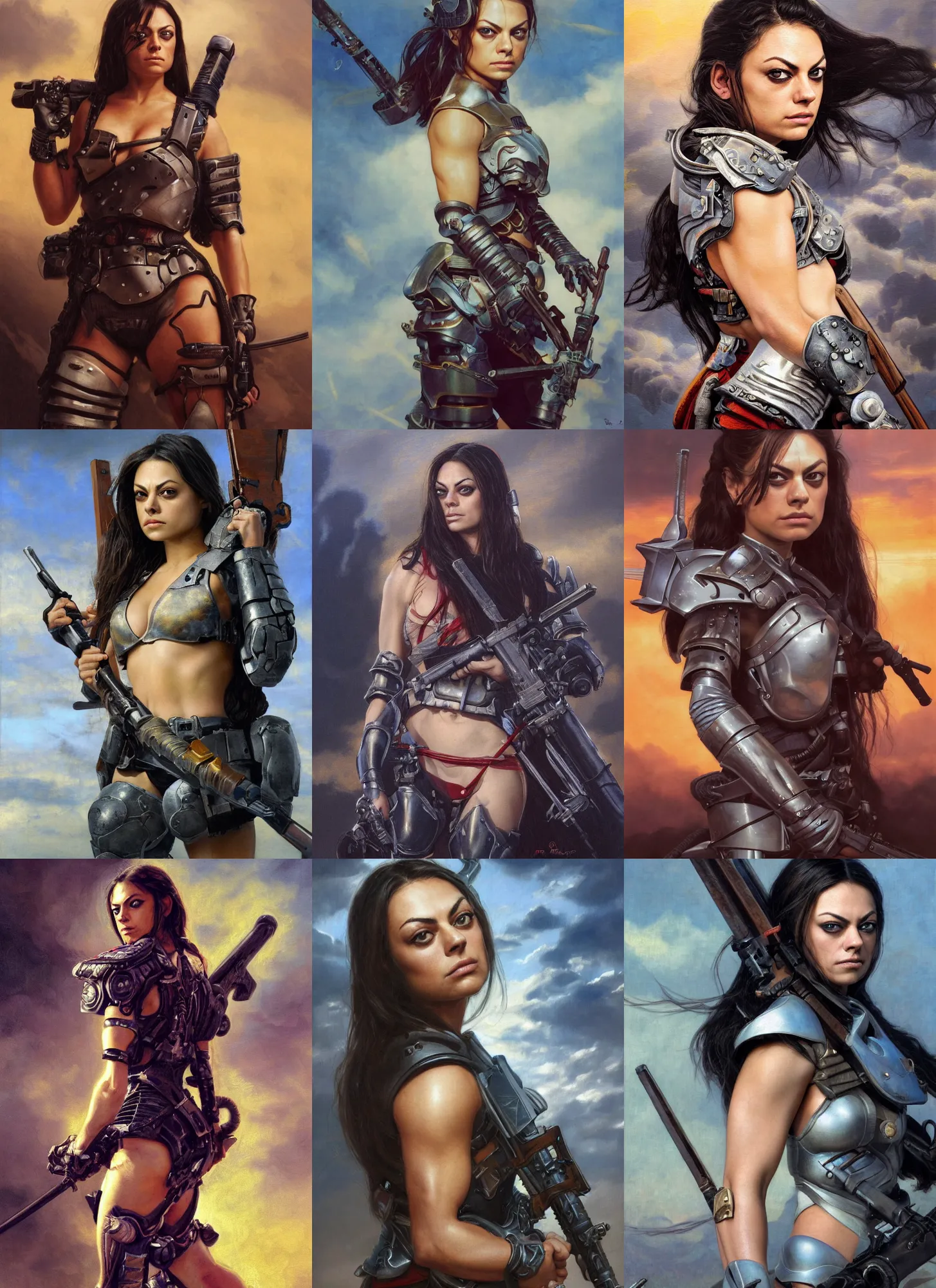 Prompt: extremely muscled cute mila kunis closeup portrait of a beautiful biblical diabolical samurai girl holding a rifle, cyborg armor, in clouds, cinematic studio light, windy, sunrise, by gerald brom, by mikhail vrubel, by peter elson, muted colors, extreme detail, trending on artstation, 8 k