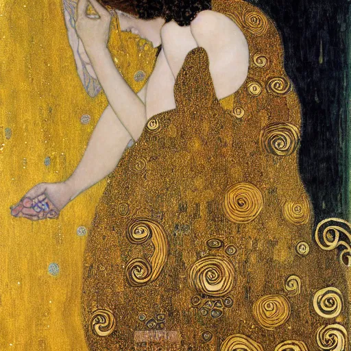 Image similar to A woman in side profile with long hair, and a flowing dress, by Gustav Klimt, gold leaf, ornate, highly detailed, intriquite gold background, sorrowful expression