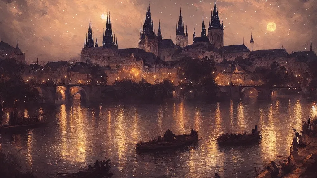 Image similar to a beautiful painting of a view from the river of a arabian prague cathedral palaces, at night with a sky full of stars, intricate, elegant, highly detailed, digital painting, artstation, concept art, by krenz cushart and artem demura and john williams waterhouse