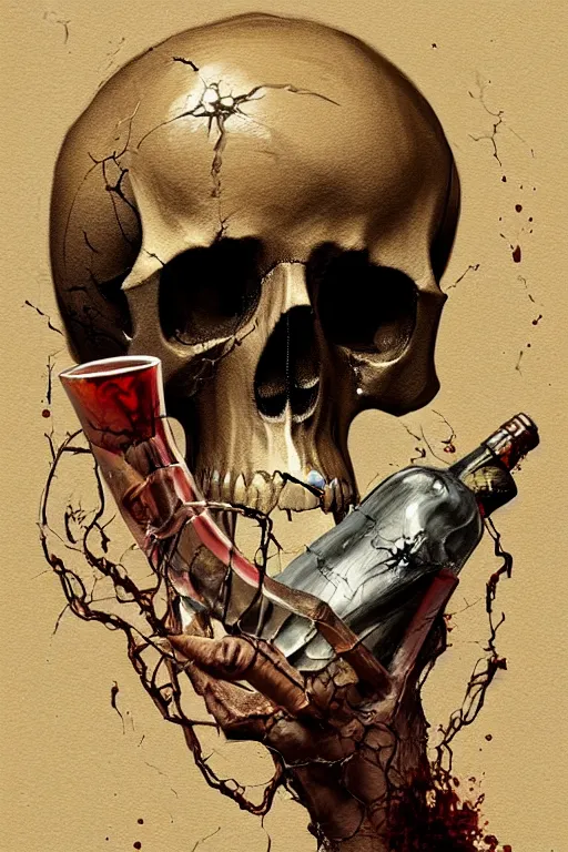Image similar to Old alchemic manuscript detailing death with skull face holding broken wine bottle,intricate, elegant, highly detailed, digital painting, artstation, concept art, smooth, sharp focus, illustration, art by Ilja Repin