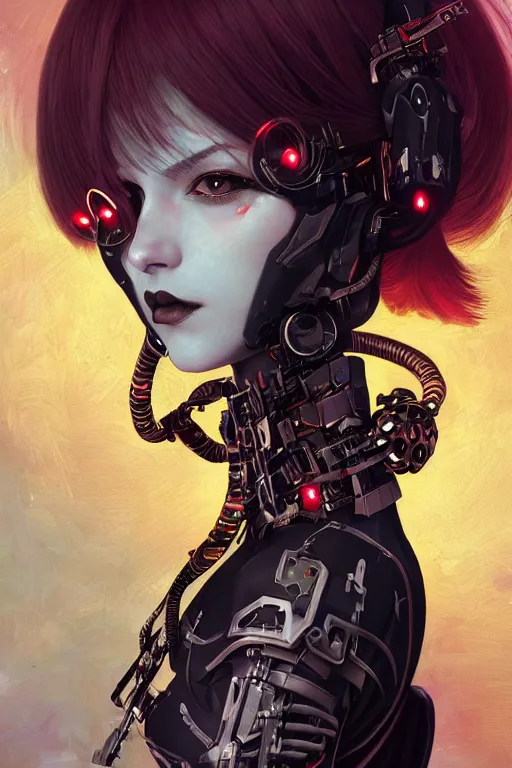 Prompt: portrait of beautiful young gothic cyborg anime maiden. Anime, cyberpunk, Warhammer, highly detailed, artstation, illustration, art by Ilya Kuvshinov and Gustav Klimt