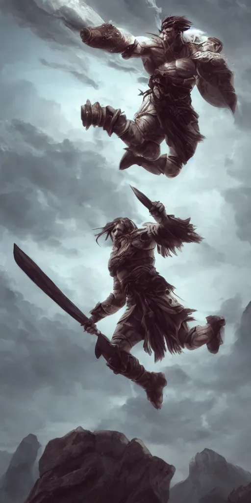 Prompt: Falling ancient warrior, mid air, clean white background, character art, concept art, cinematic lighting