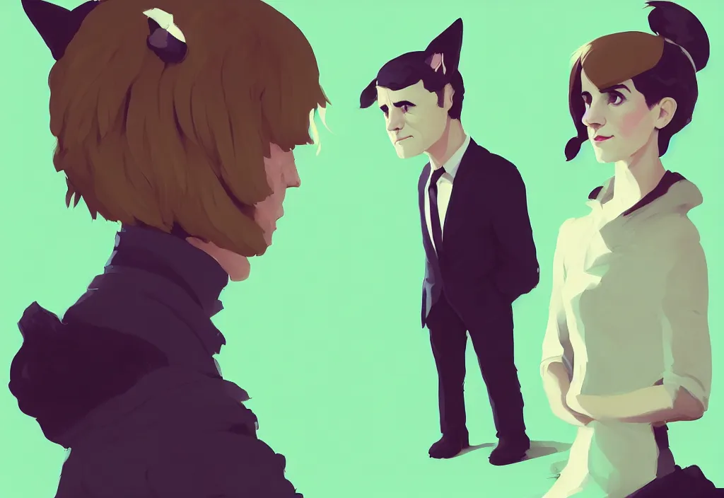 Image similar to joe biden and emma watson with cat ears, epic debates, presidental elections candidates, cnn, fox news, fantasy, by atey ghailan, by greg rutkowski, by greg tocchini, by james gilleard, by joe gb fenton, dynamic lighting, gradient light green, brown, blonde cream, salad and white colors in scheme, grunge aesthetic