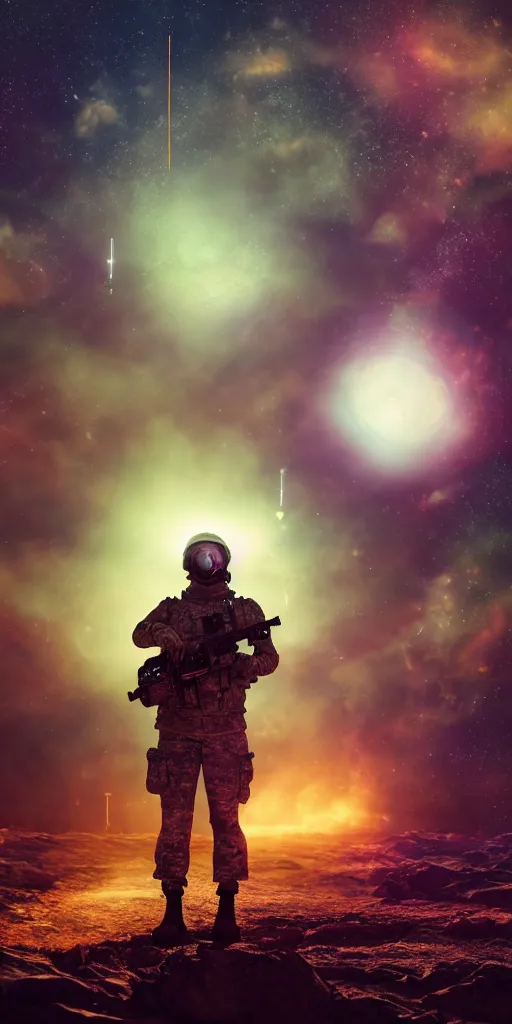 Prompt: high detail portrait of a soldier holding an assault rifle floating in space inside magic colorful glowing sparkling fog, circular planet behind it, starry sky, tranquil, desolate, atmospheric, hazy, autochrome, 8k, reflections, octane render, unreal engine 5