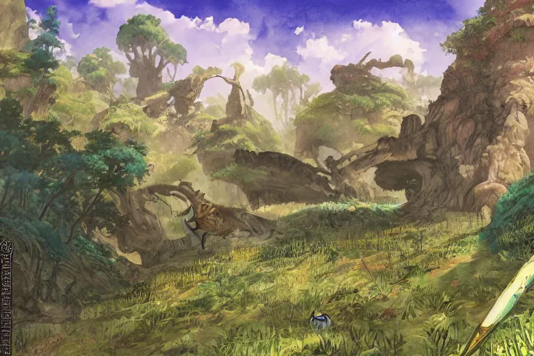 Prompt: land overtaken by nature, nausicaa, painting, giant fantasy animals, watercolor, concept art, studio ghibli, by hayao miyazaki