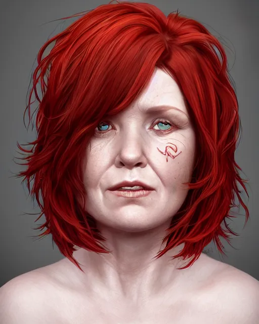 Prompt: portrait of short and plump 5 0 - year - old woman with red hair and, kind face, short hair, hyper realistic face, beautiful eyes, character art, art by mark brooks, hyperdetailed, cryengine, trending on artstation, digital art