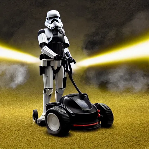 Prompt: An Imperial Stormtrooper riding a lawnmower in an alien spaceship, 4K HD