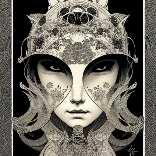 Prompt: portrait soft light, by killian eng and joe fenton and ian mcque, inspired by victorian japanese masks, vibrant, etching, sharp high detail,