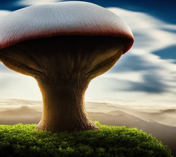 Prompt: a giant mushroom that stretches above the clouds with buildings inside the cap. highly detailed 8 k. intricate. lifelike. soft light. nikon d 8 5 0. cinematic post - processing