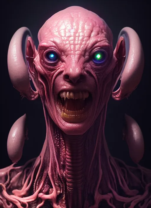 Image similar to portrait of a space alien, varying detailed skin, octane render, piercing glowing eyes, realistic render, detailed, ugly, slimy unreal engine, symmetrical!!, greg rutkowski and ruan jia, cinematic