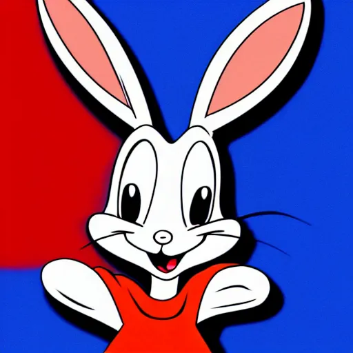 Image similar to photo of bugs bunny sitting infront of a red wall with blue stripes ultra realistic, hyper realistic, highly detailed, sharp focus, digital art