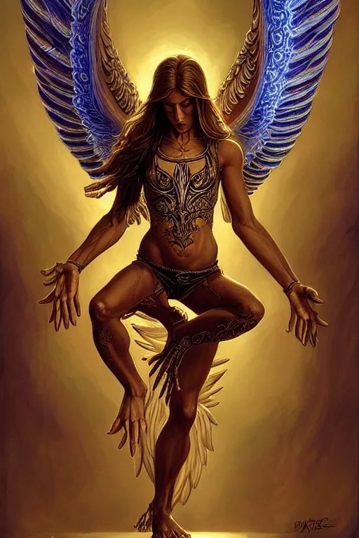 Image similar to angel doing yoga in temple, angel is wearing a t - shirt with metal band logo, fantasy, intricate, elegant, highly detailed, digital painting, artstation, concept art, matte, sharp focus art by boris vallejo, smooth, sharp focus, illustration