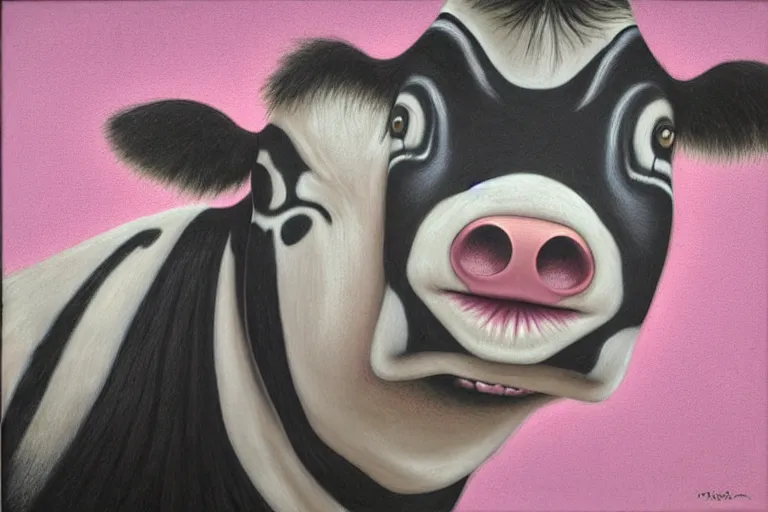 Image similar to 'Wherever you go, a cow is always watching you', by Mark Ryden