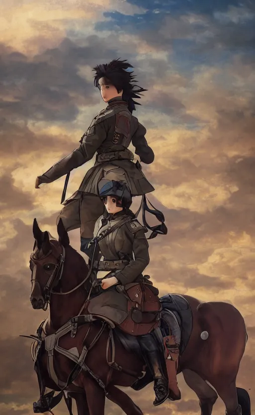 Image similar to panoramic view, a girl riding a horse, soldier clothing, battlefield in background, anime style, hair down, symmetrical facial features, realistic hands, from arknights, hyper realistic, 4 k, extreme detail, cavalry, trending artstation, safebooru, realistic lighting, by alphonse mucha, greg rutkowski, sharp focus