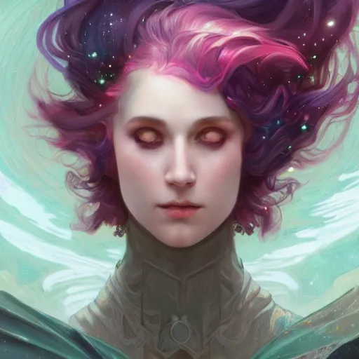 Image similar to a nonbinary changeling wearing a starry cloak, aurora colored hair, starry eyes, curious expression, character art, trending on artstation, 4k ultra hd, sharp focus, digital art by artgerm and greg rutkowski and alphonse mucha