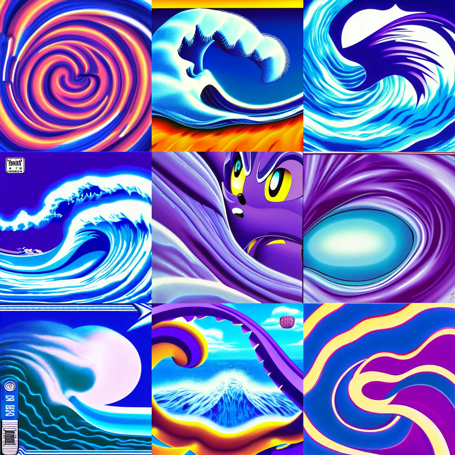 Prompt: surreal, sharp, detailed professional, high quality airbrush art MGMT album cover of a blue cresting ocean wave of sonic the hedgehog, purple checkerboard background, 1990s 1992 Sega Genesis box art