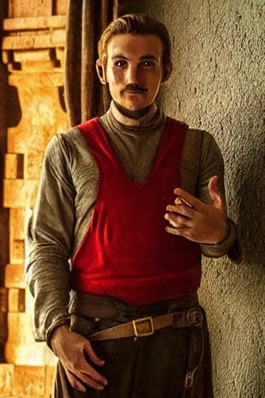 Image similar to “ very very intricate photorealistic photo of a realistic human version of super mario in an episode of game of thrones, photo is in focus with detailed atmospheric lighting, award - winning details ”