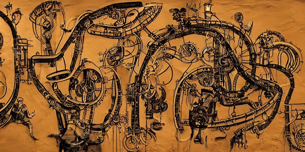 Image similar to a prehistoric cave painting of a giant steampunk futuristic retrofuturistic machine