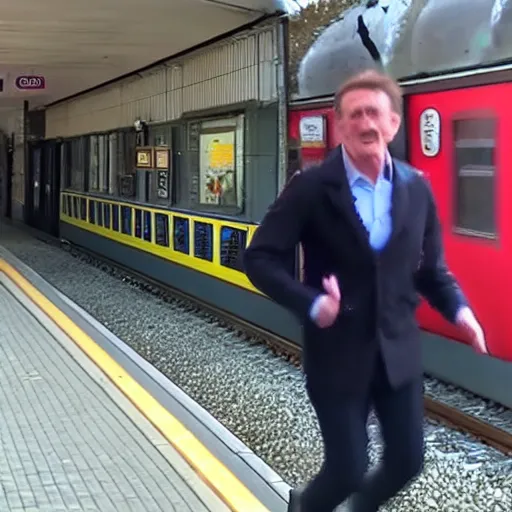 Image similar to barry's chuckle's wife ditches him at the train station, cctv footage, high resolution