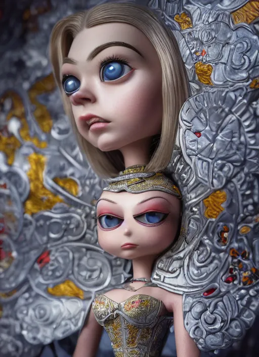 Image similar to closeup of a tin toy natalie dormer, depth of field, zeiss lens, detailed, symmetrical, centered, fashion photoshoot, by nicoletta ceccoli, mark ryden, lostfish, earl nore, hyung tae, frank frazetta, breathtaking, 8 k resolution, extremely detailed, beautiful, establishing shot, artistic, hyperrealistic, octane render