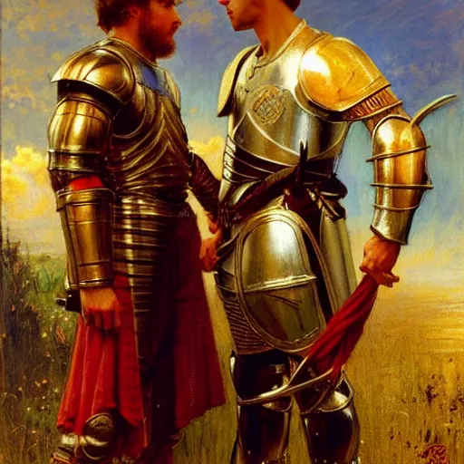 Image similar to attractive fully clothed arthur pendragon confesses his love for his attractive fully clothed male knight. highly detailed painting by gaston bussiere and j. c. leyendecker 8 k