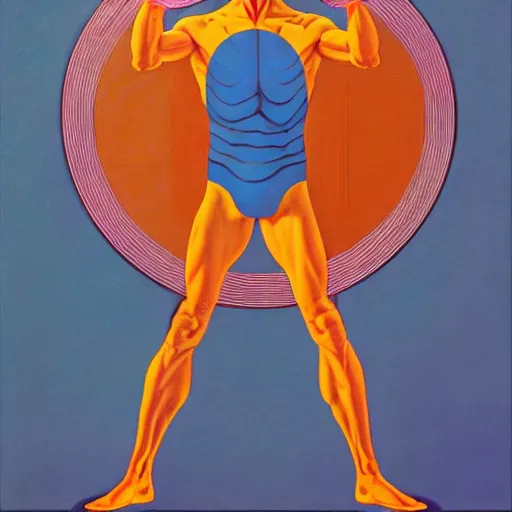 Image similar to ultraman as vitruvian man by james jean and shusei nagaoka, magritte painting, full body, no crop, golden ratio, retrofuturistic, hyper details