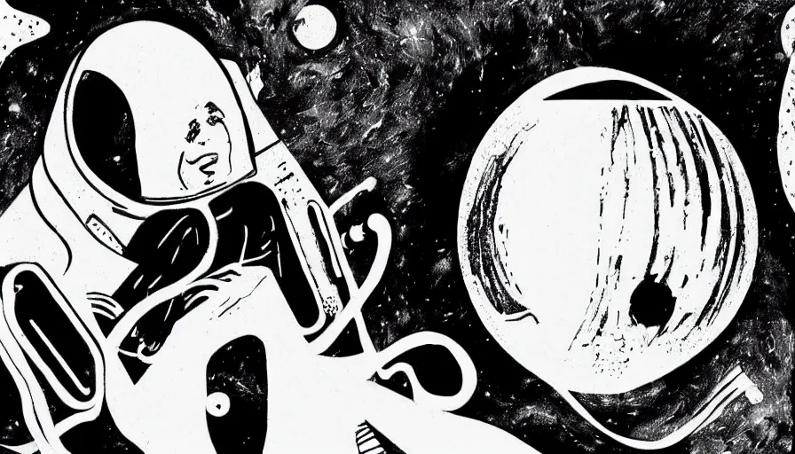 Prompt: travel to the moon in a dream, style of graphic novel, style of dave mckean, black outline, on white, smooth, thin sharp lines, detailed