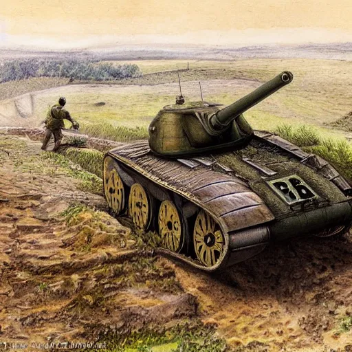 Prompt: british tank mark iv climbing over a trench in world war 1, artist's impression