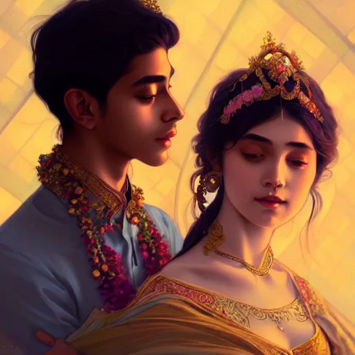 Image similar to portrait of beautiful young bengali romantic couple fantasy, intricate and very very beautiful and elegant, highly detailed, digital painting, artstation, concept art, smooth and sharp focus, illustration, art by tan zi and ayanamikodon and alphonse mucha and wlop