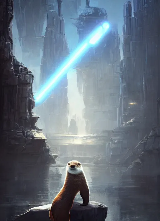 Prompt: portrait, anthropomorphic otter wearing Jedi robes in a futuristic river town. Dramatic lighting, cinematic, establishing shot, extremely high detail, photo realistic, post processed, artstation, matte painting, style by eddie mendoza, raphael lacoste, alex ross