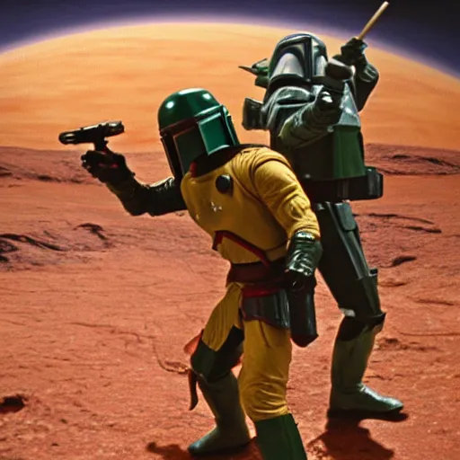 Prompt: captain kirk dueling boba fett on mars