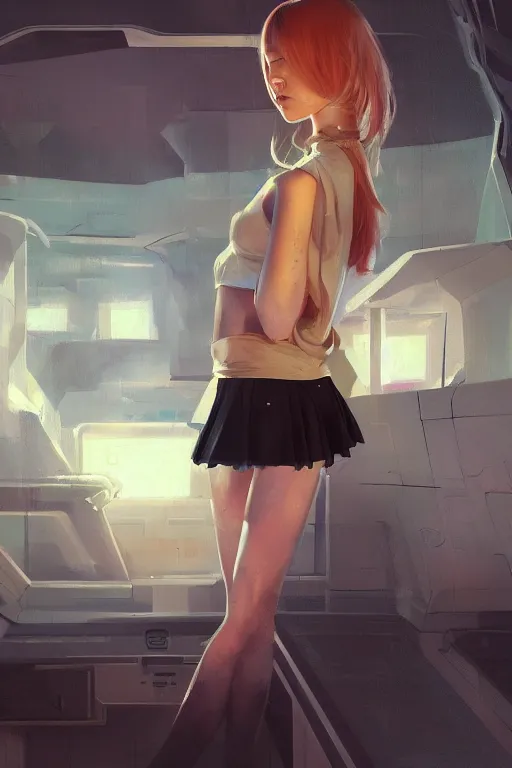 Prompt: digital art of a beautiful girl wearing a mini skirt in a brutalist spaceship, expressive oil painting, by wlop, by artgerm, by dan mumford, anime style, octane render, full body shot