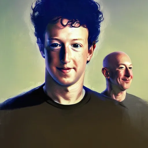 Image similar to portrait of elon mus, mark zuckerberg and jeff bezos together, together, very detailled, art contest winner on behance, trendy on deviant art, by by artgem, greg rutkowski