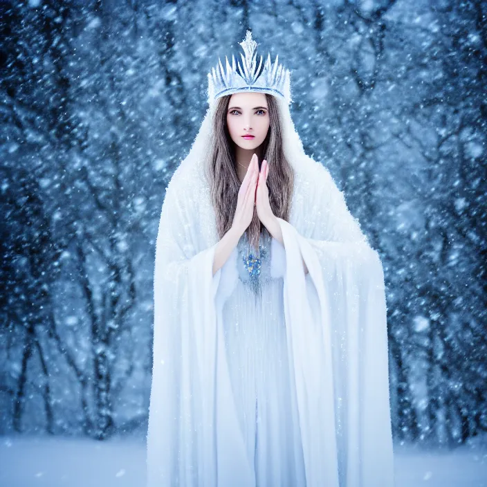 Prompt: photograph of a real-life beautiful ice queen with ornate white cloak and crown in an ethereal snowy landscape. Extremely detailed. 8k