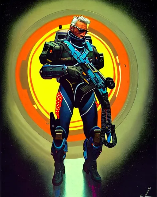 Image similar to soldier 7 6 from overwatch, character portrait, portrait, close up, concept art, intricate details, highly detailed, vintage sci - fi poster, retro future, in the style of chris foss, rodger dean, moebius, michael whelan, and gustave dore