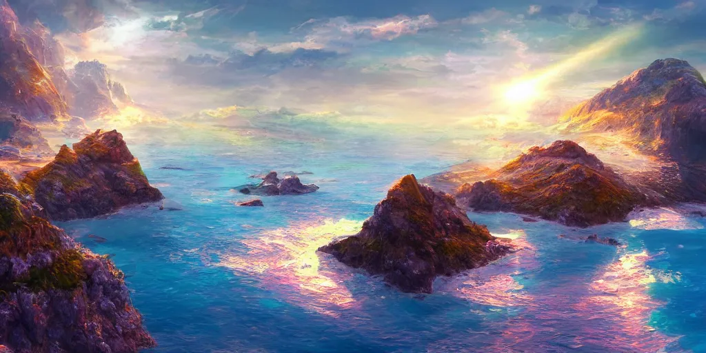 Prompt: salt covered islands surrounded by gleaming colourful crystal cliffs, illustration, bright sunlight, sun glints, sunrays, digital art, oil painting, fantasy, 8 k, trending on artstation, detailed