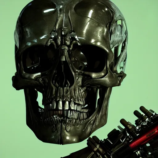 Image similar to skull of t-800 from Terminator, octane render, cgsociety, 4K, symmetrical