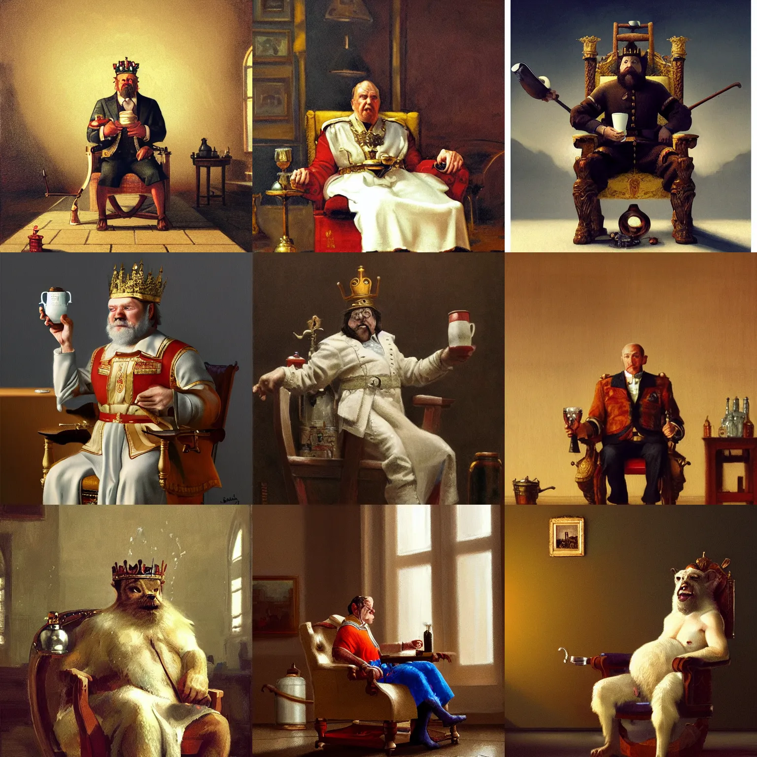 Prompt: king on a throne with a water - filled tankard in his hand in the style of michael sowa, detailed, 4 k, beautifully lit, from a film, cinematic, artstation