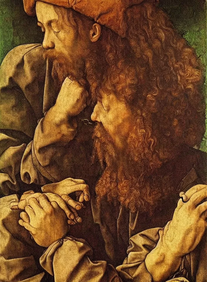 Image similar to Man playing video games. Painting by Albrecht Dürer. Intricate details. hyper realism. Masterpiece.